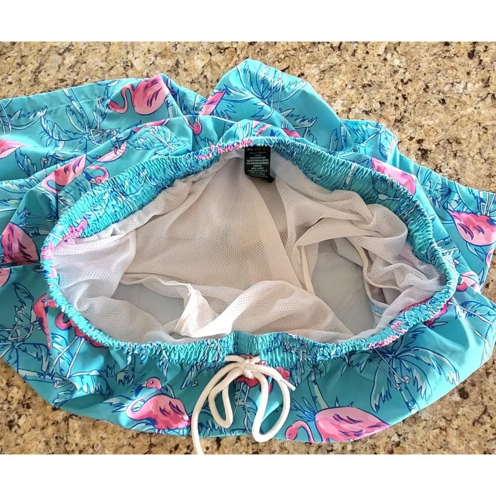 2/$15 Hot Coals Mens Lined Board Shorts Swim Trunks Tropical Teal Flamingos XL